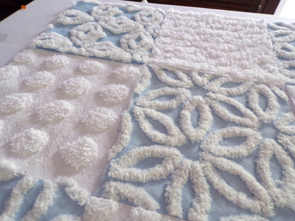 Coastal Classics Quilt Squares Set, from Vintage Chenille Bedspread Fabric, 16 Blocks, 6" x 6" inch, Fluffy Plush Blue & White