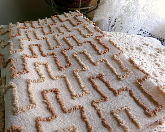 sandy sandcastles vintage chenille fabric, two tone honey golden brown geometric design, 18" x 24" inch piece for quilting, crafts & sewing