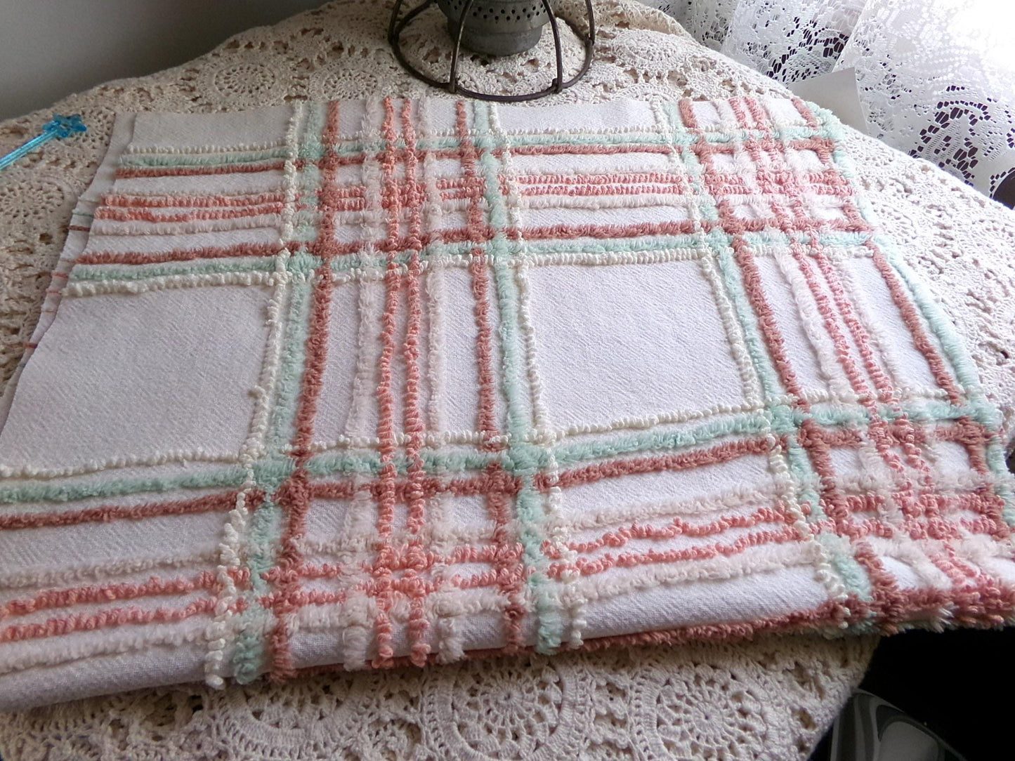 spring plaid vintage chenille fabric, cottage style sewing material for quilts, pillows & crafts, 17" x 27" inch piece