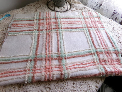 spring plaid vintage chenille fabric, cottage style sewing material for quilts, pillows & crafts, 17" x 27" inch piece