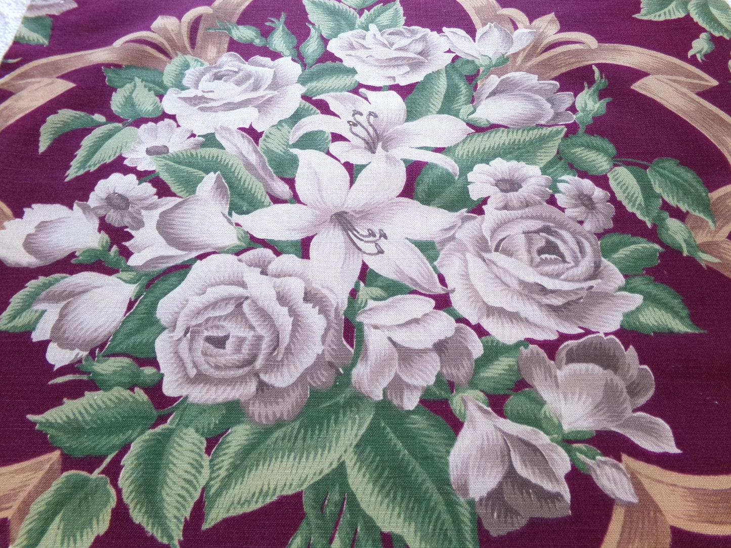 Shabby Vintage Barkcloth STYLE Cotton Fabric, Golden Beige Roses & Lilies on Rich Maroon Wine 21" x 30", Deconstructed Curtain Panel