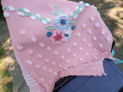Vintage Rosy Floral Dot Chenille Fabric, 33" x 16"-inch Piece, Cabin Crafts, Cotton