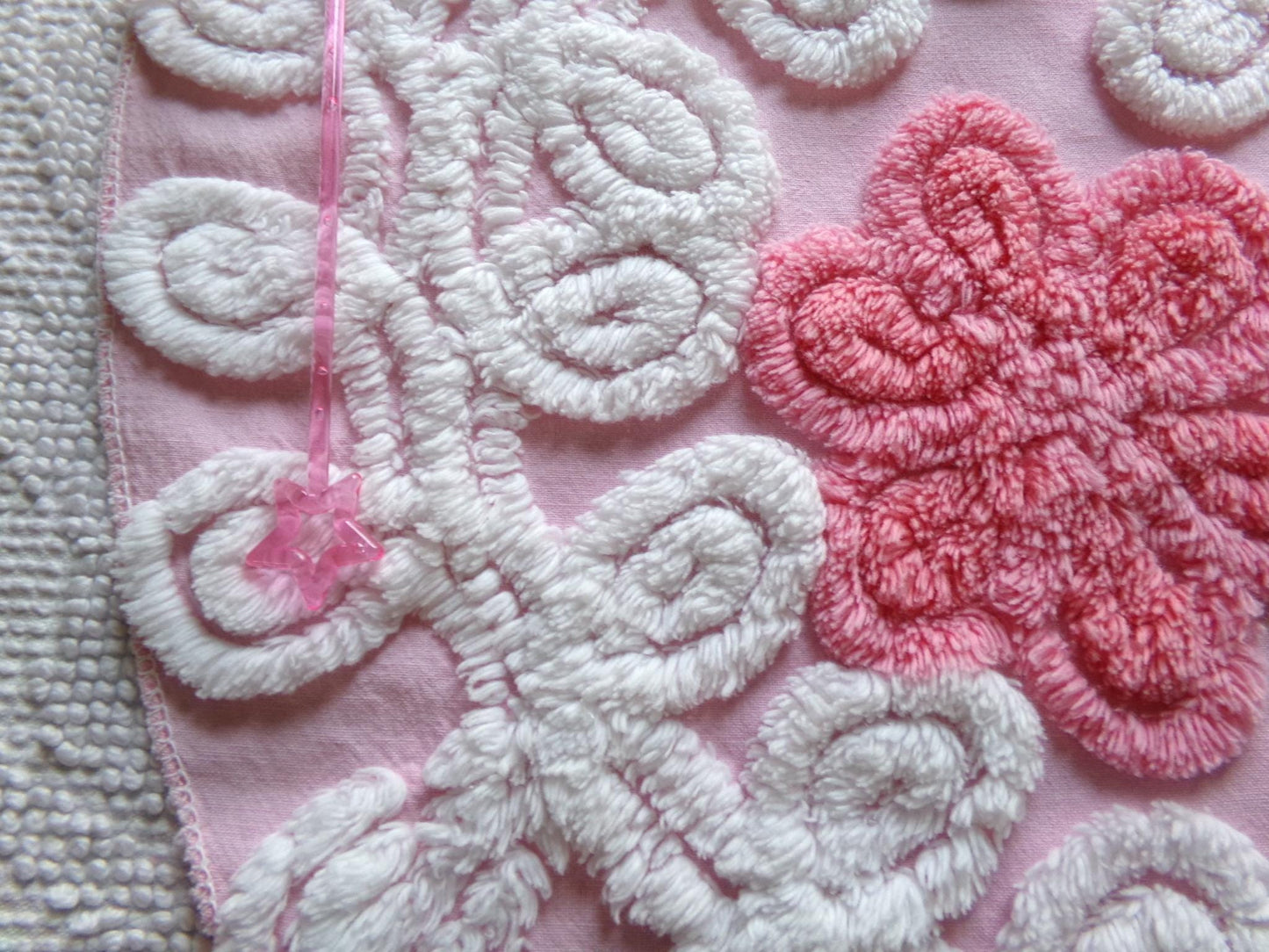 fluffy flowers vintage chenille fabric, plush pink & white sewing material, 19" x 22" inch piece for pillows, quilts, fiber arts