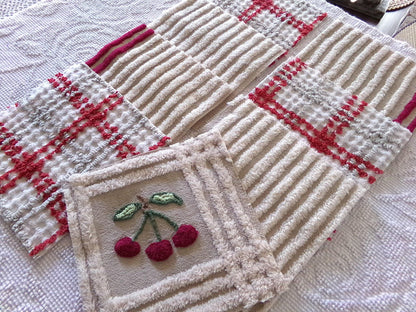 cheery cherry chenille quilt squares, 7.5" vintage fabric blocks, set of 8 in grey, white, maroon