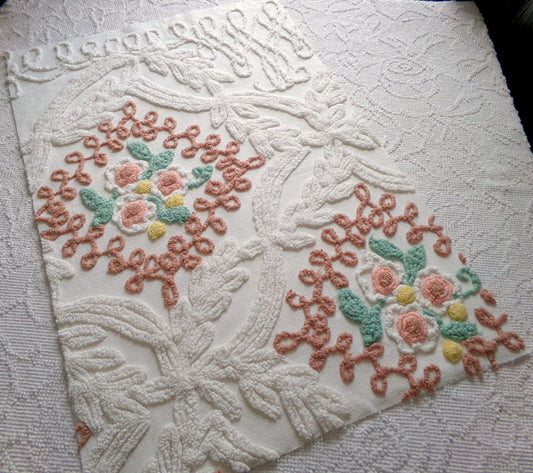 cottage garden florals vintage chenille fabric, natural earthy colors, 17.5" x 26.5" piece for pillows, wall hangings, fiber arts
