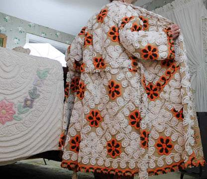 Unisex Kimono Style Chenille Robe, PUMPKIN SPICE Plush Bathrobe Upcycled from Vintage Chenille Bedspread in Creamy Mocha Swirl, Sz XL 1X