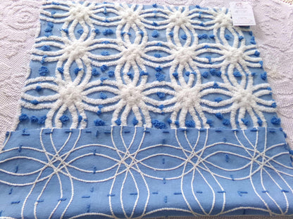 coastal chic blue vintage chenille fabric, white tufted spider rings & little pops, 24" x 18" inch piece