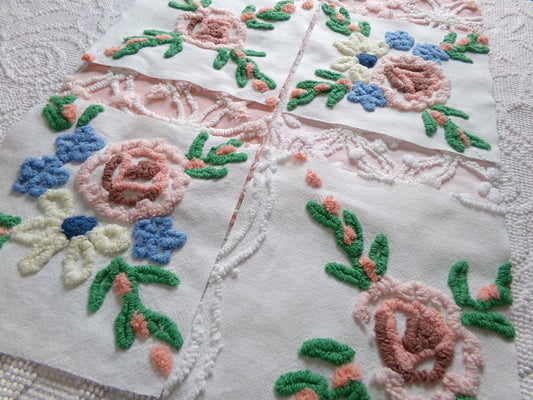 shabby fantasy florals chenille fabric squares, set of 8 vintage 7.5" quilt blocks, pink & white wildflowers for sewing, crafts, quilting