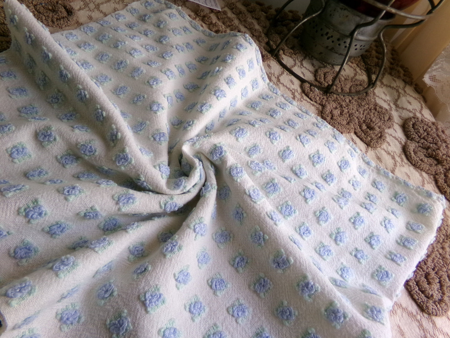 Miniature Blue Rosebuds Vintage Chenille Quilt Fabric, 12" x 29" inch Piece, Micro Roses on Lightweight Cotton