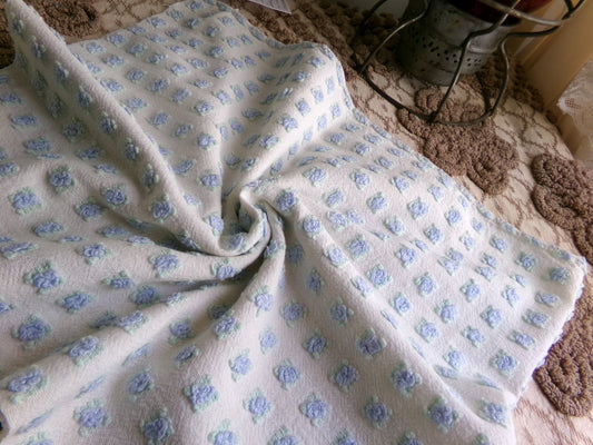 Miniature Blue Rosebuds Vintage Chenille Quilt Fabric, 12" x 29" inch Piece, Micro Roses on Lightweight Cotton