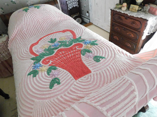 shabby girl pink vintage chenille bedspread, large flower basket & white swirls, full size summery cotton bedding