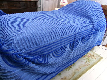 shabby sea nymph blue vintage chenille bedspread, coastal chic geometric design, full size cotton bedding