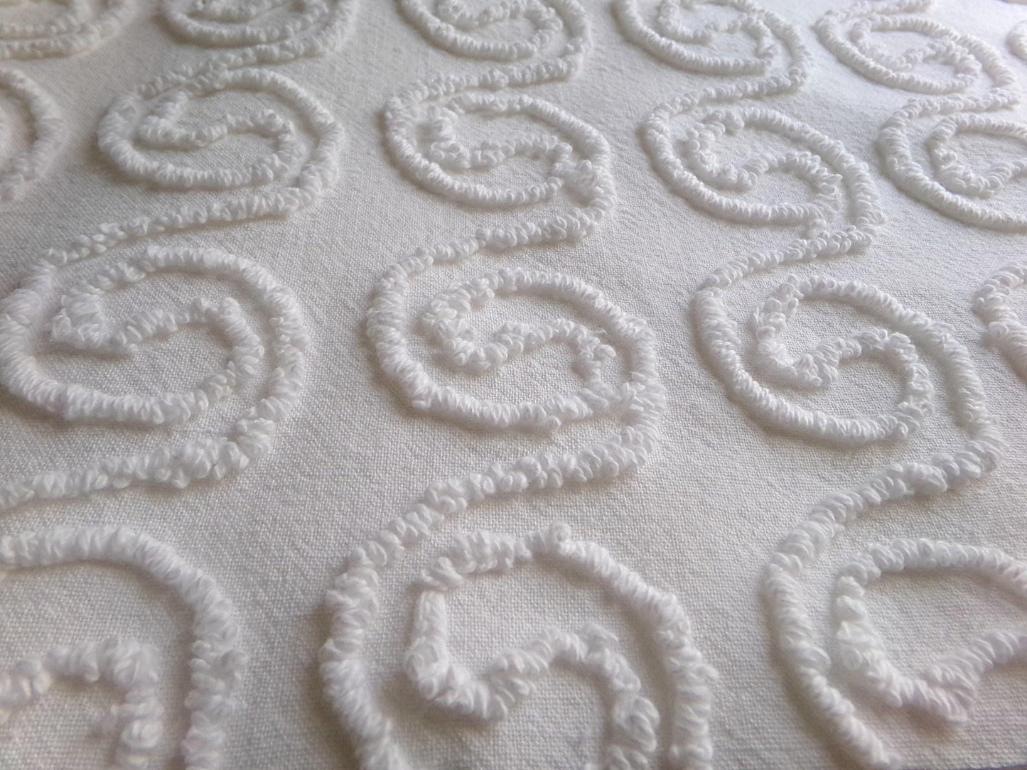 spiral curls white vintage chenille fabric, ultra lightweight cotton sewing material with great texture & presentation, 20" x 24" inch piece