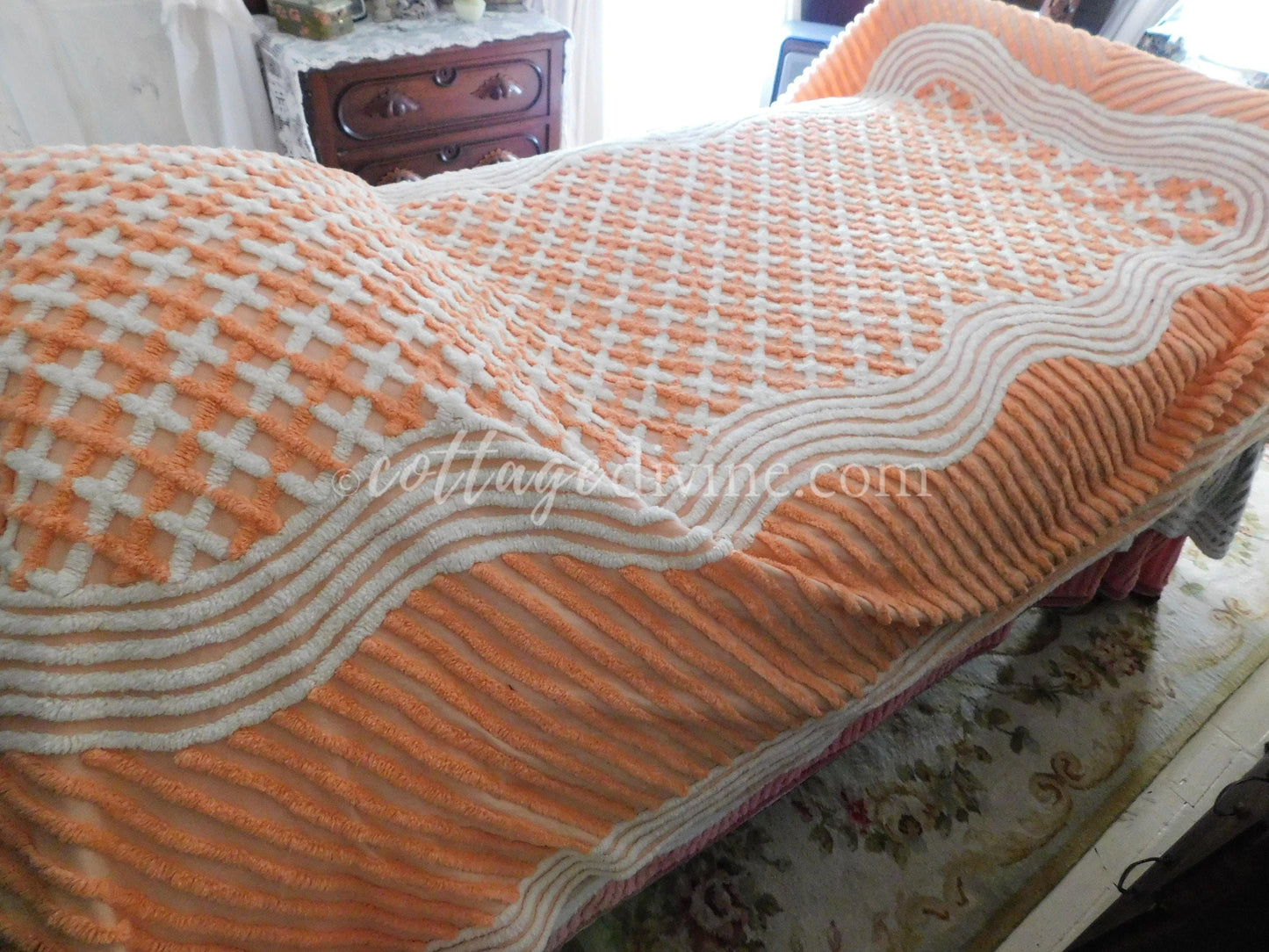 Delicious Peach Creamsicle Vintage Chenille Bedspread, 100% Plush Cotton, Twin Size