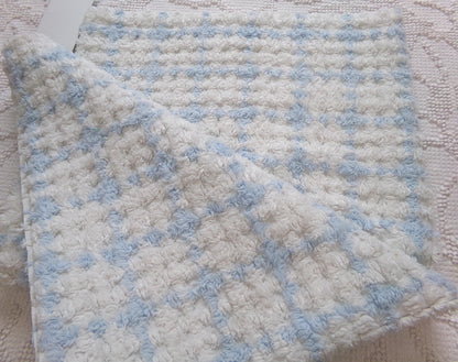 blue & white check vintage chenille fabric, cottage style plaid design, 20" x 24" cut piece for quilting, pillows
