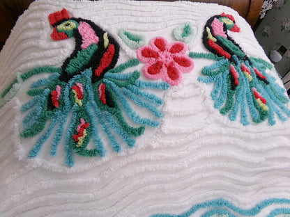 shabby chic peacock vintage chenille bedspread, iconic kitsch lovebird design, white cotton full size bedding