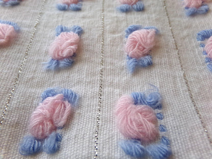 pink rosebud vintage chenille fabric, 20" x 24" inch cut piece of quilt material with tufted roses, blue leaves & shimmer silver lurex
