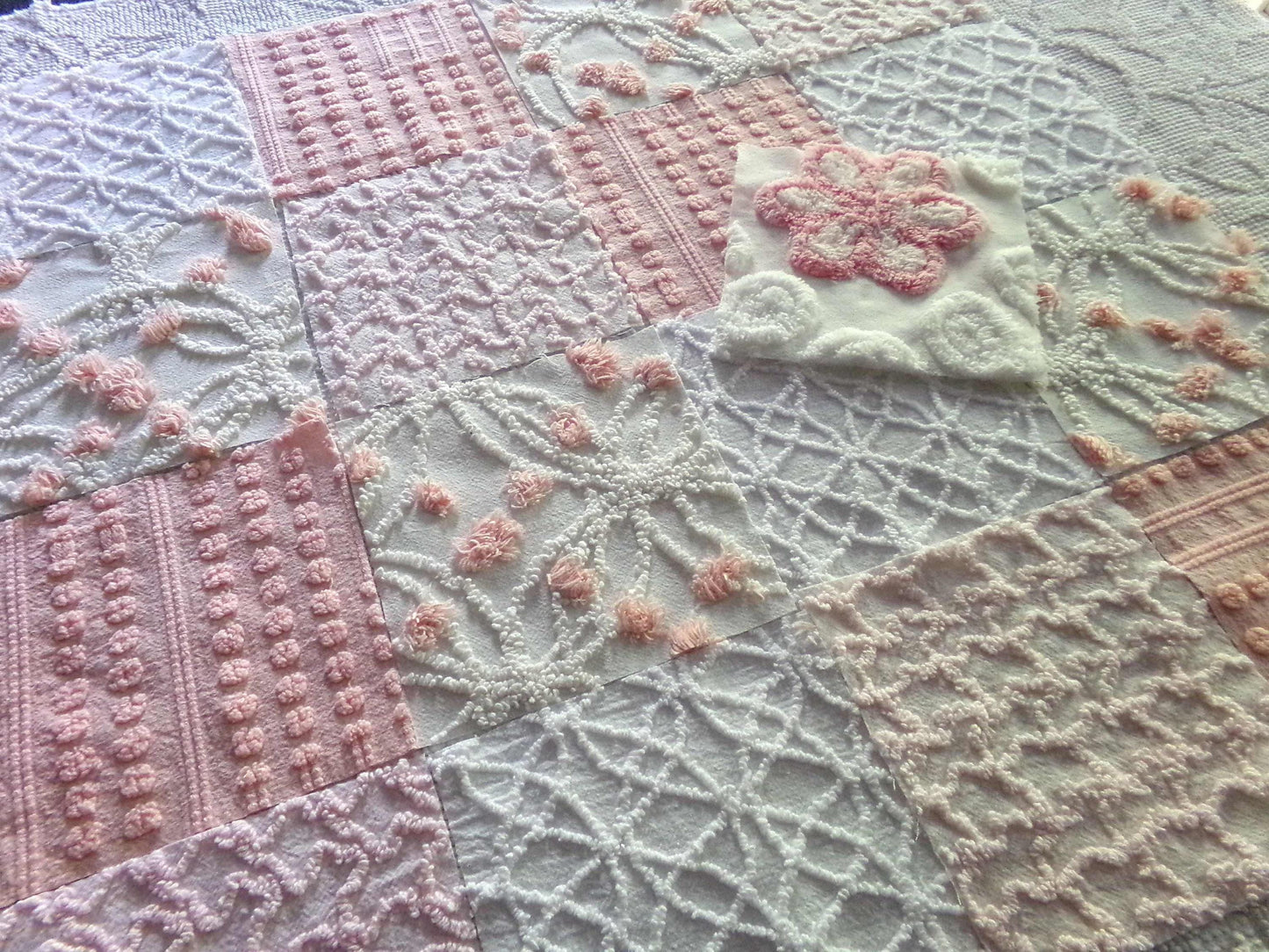 Think Pink Chenille Fabric Squares Set, 17 Vintage Quilt Blocks, 6" inch in Pinks & White