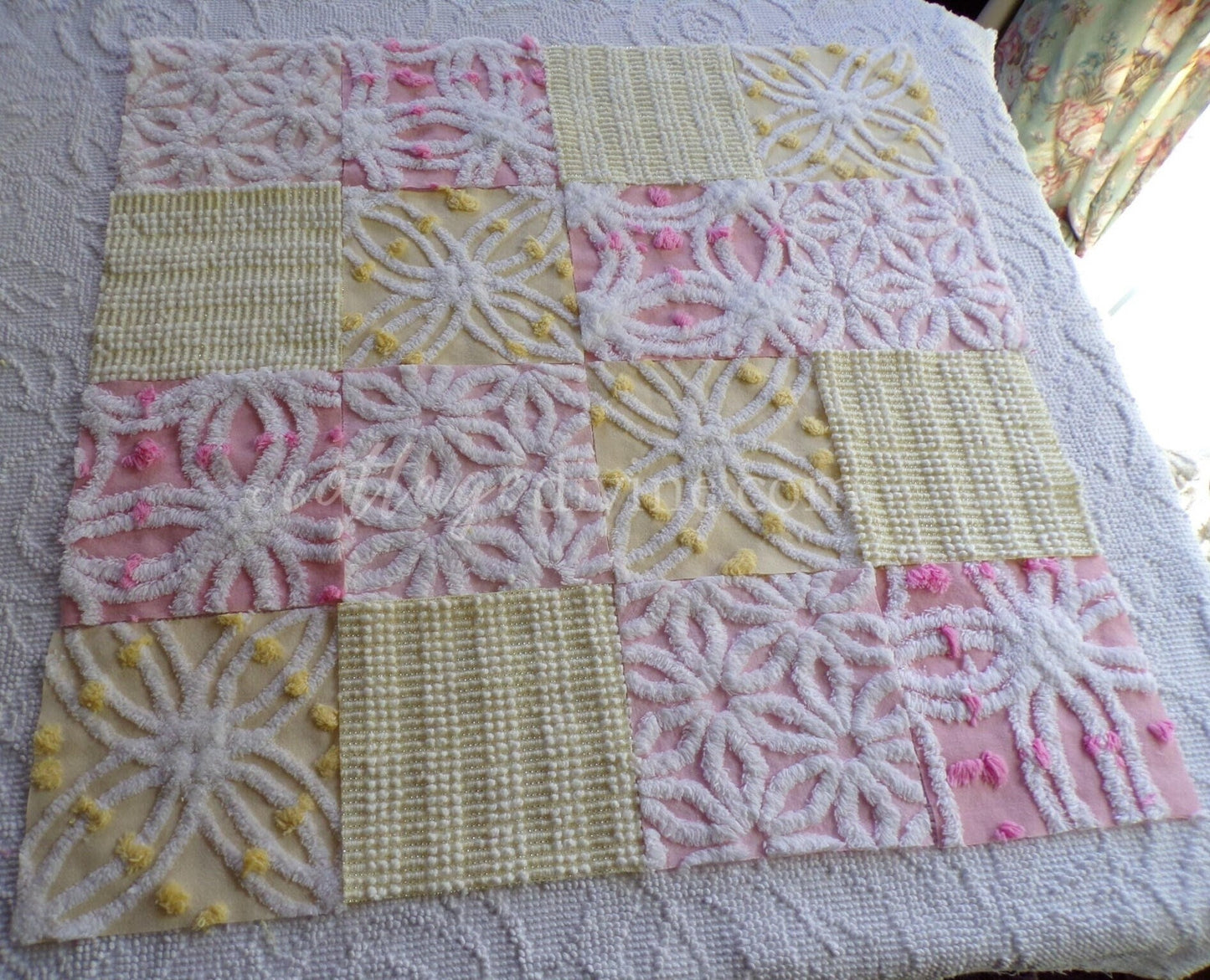 Spring Sparkle Chenille Quilt Squares Set from Vintage Bedspread Fabric, 16 Blocks, 6" x 6" inch