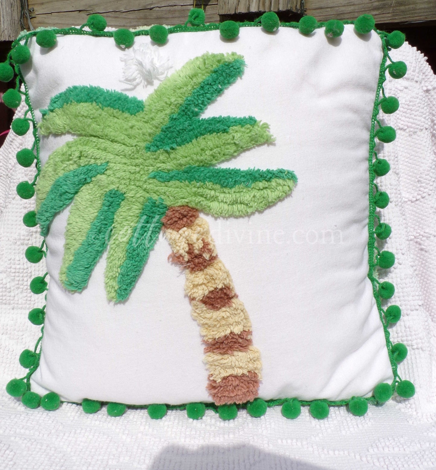 Tropical Bungalow Vintage Chenille Pillow Cover 12" x 12" inch Square, REVERSIBLE Palm Tree Design Accent Pillow & Insert with Pom Pom Trim