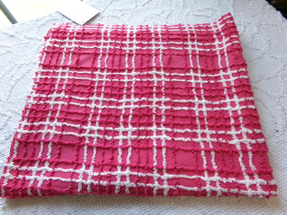 fabulous vintage chenille fabric, vivid pink & white plaid design 20" x 24" cut piece, upcycle into quilts, fiber arts, crafts