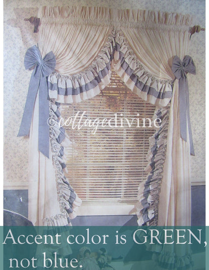 Farmhouse Style Priscilla Curtain Panels Pair, Cream & GREEN Trim, Bow Tiebacks, NOS Vintage Window Curtains, 84" L, Williamsburg Collection