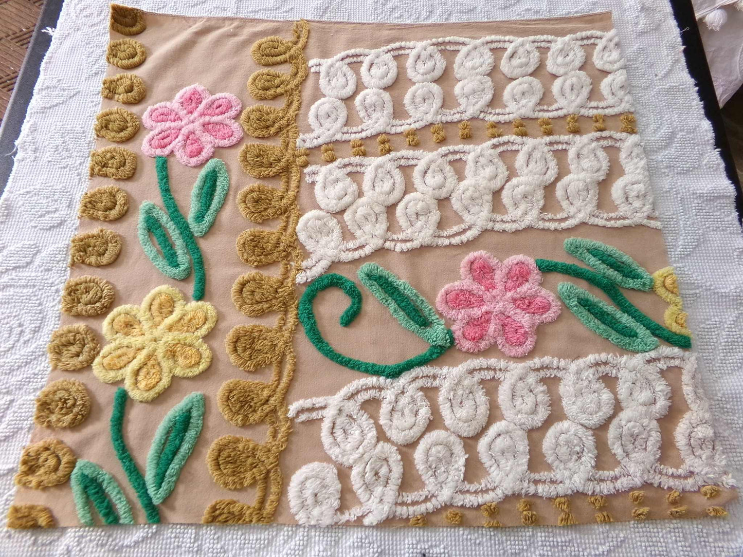 Shabby Cute Caramel Curlicue Floral Vintage Chenille Fabric, 21" x 24" inch Piece, Boho Sewing Material for Pillows, Wall Hangings, Crafts