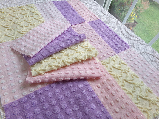 fairy magic 6" chenille fabric squares, set of 16 pink, yellow & lavender quilt blocks for quilting, sewing, crafts