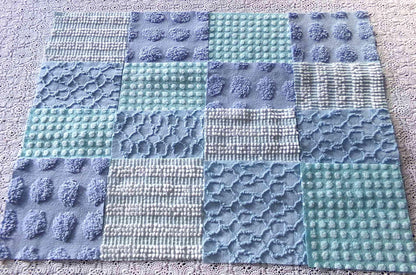 lake breeze vintage chenille quilt squares, set of 16 cool blue & aqua cotton 6" quilt blocks for quilting, upcycling into crafts