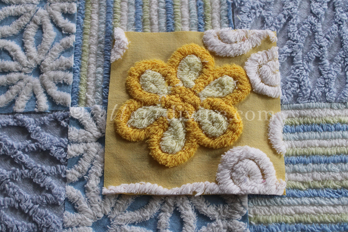 Coastal Morning Chenille Quilt Squares Set, from Vintage Bedspread Fabric, 16 Blocks, 6" inch & Extra Sunshine Flower Square