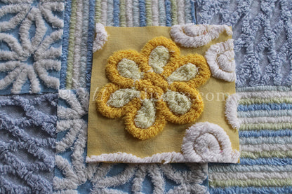 Coastal Morning Chenille Quilt Squares Set, from Vintage Bedspread Fabric, 16 Blocks, 6" inch & Extra Sunshine Flower Square