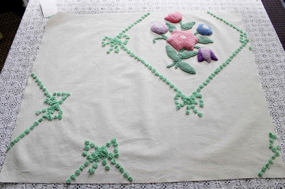 sculpted floral vintage chenille fabric, tulip peony flowers & little green bows, 20" x 25" inch piece of cotton sewing material for pillows