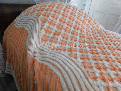 Delicious Peach Creamsicle Vintage Chenille Bedspread, 100% Plush Cotton, Twin Size