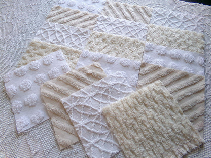 chic neutral chenille fabric squares, set of 16 vintage tan & white quilt blocks 6" ea, coin dot, geometric, infinity, for crafts, quilting