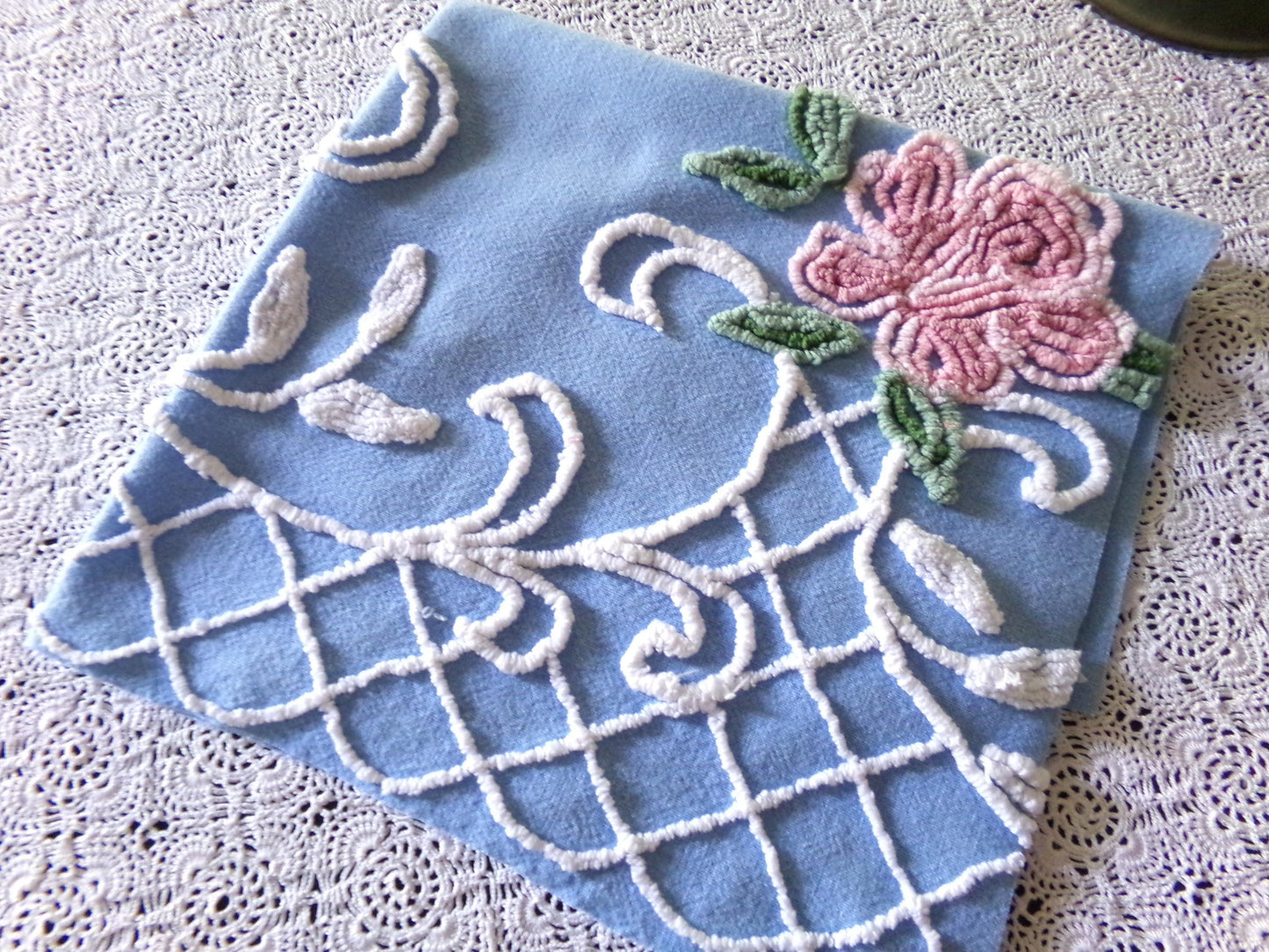 Romantic Pink Rose Vintage Chenille Fabric, 18" x 22" inch Piece, Blue Cotton Bkgd, Pretty for Pillow Covers or Quilting