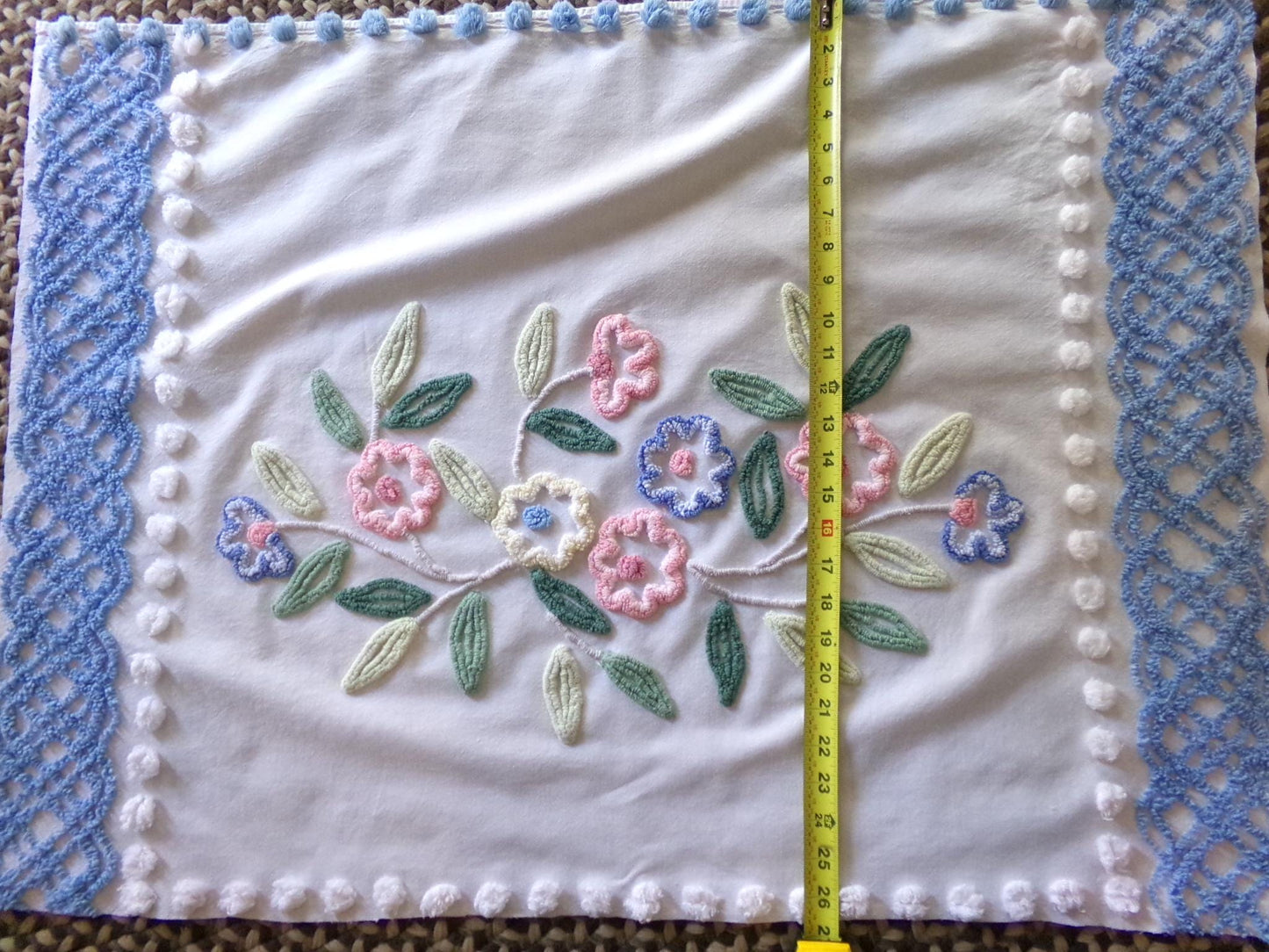 cottage style shabby pink & blue florals vintage chenille fabric, large 24" x 35" inch piece, so pretty for a pillow