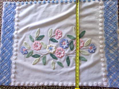 cottage style shabby pink & blue florals vintage chenille fabric, large 24" x 35" inch piece, so pretty for a pillow