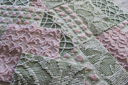 rosy romance chenille fabric squares, set of 16 vintage quilt blocks 6" inches ea, squiggle, hobnail, rosebud texture in jade & pink rose