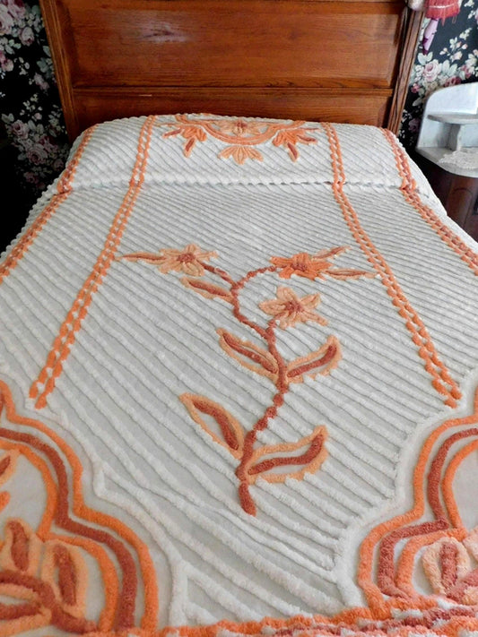 pumpkin patch peach vintage chenille bedspread, botanical autumn florals on white cotton, full size country style bedding