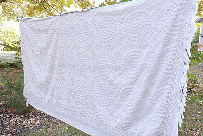Vintage White Chenille Bedspread, Handtufted Moon & Diamonds, Full Size, Fringe Trim