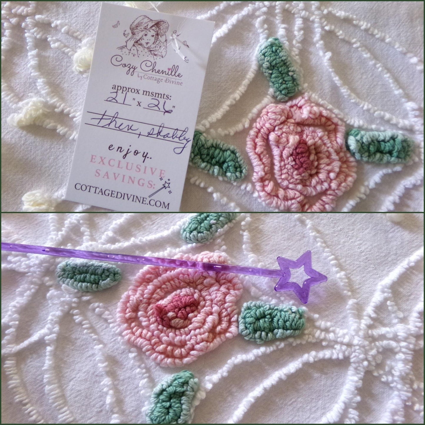 Shabby Cottage Rose Chenille Fabric, Vintage Thin Lightweight Cotton Sewing Material in Pink Florals on White, 21" x 26" inch Piece