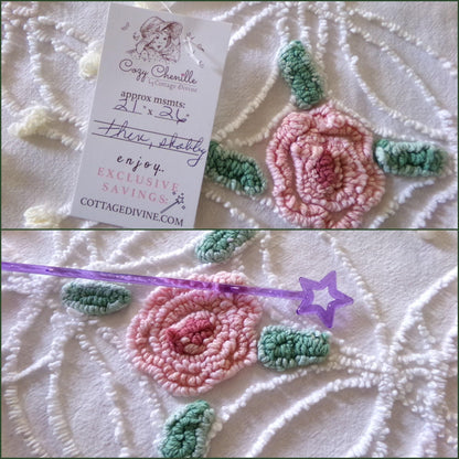 Shabby Cottage Rose Chenille Fabric, Vintage Thin Lightweight Cotton Sewing Material in Pink Florals on White, 21" x 26" inch Piece