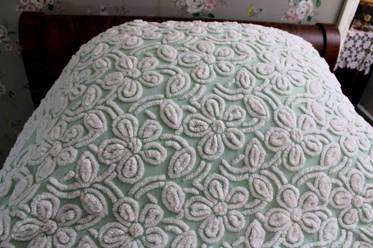 Mint Green Floral Vintage Chenille Bedspread, 100% Cotton, FULL Size, Hofmann Textiles Design