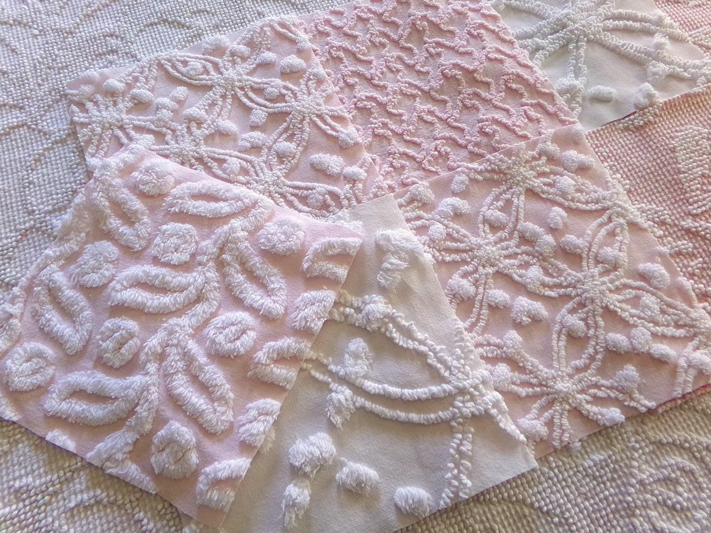vintage chenille fabric squares in classic feminine pink & white textures, 7.5" vintage fabric blocks, set of 9 for sewing, crafts, quilts