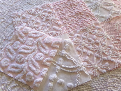 vintage chenille fabric squares in classic feminine pink & white textures, 7.5" vintage fabric blocks, set of 9 for sewing, crafts, quilts