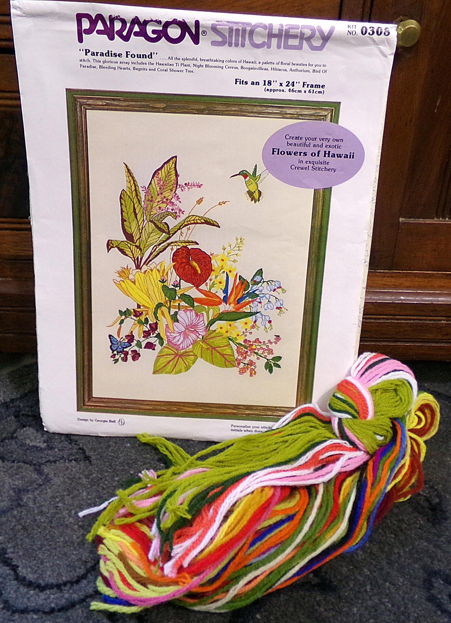 PARADISE FOUND Vintage Crewel Embroidery Kit, Flowers of Hawaii Tropical Hummingbird, Paragon 0308 Stitchery, Georgia Ball Design
