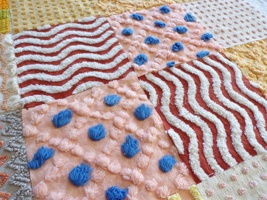 Southwestern Sunrise Chenille Quilt Squares Set from Vintage Bedspread Fabric, 16 Blocks, 6" x 6" inches each, Earthtones