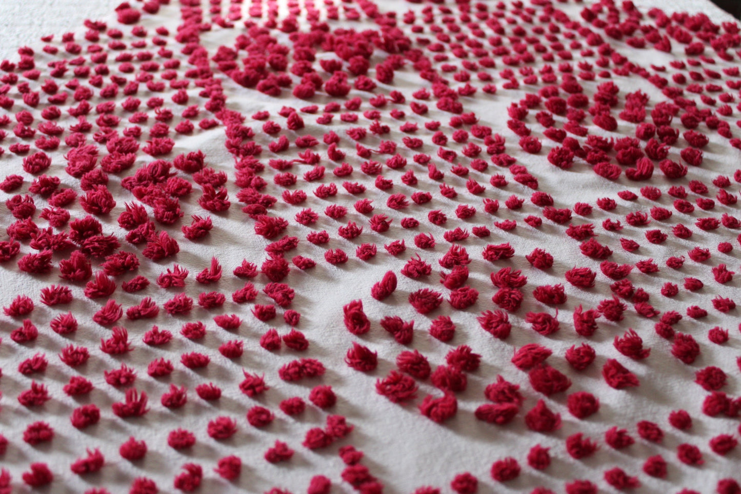 Fabulous Red Wine Vintage Chenille FABRIC PIECE, 21" x 27" inches, Handtufted Diamond Circle Puffs