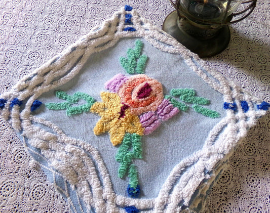 Wildflower Rose Vintage Chenille Material, Coastal Blue Material, 23" x 25" inch Piece, Lovely in Quilts & Pillows