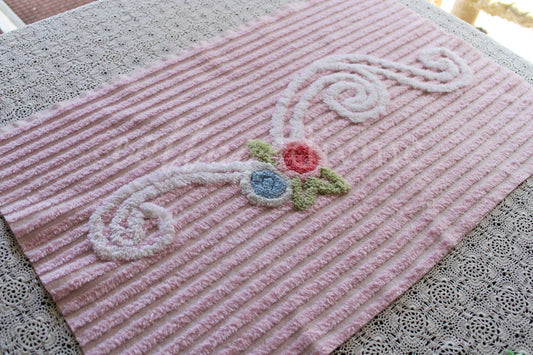 Simple Pink Floral Scroll Vintage White Chenille Fabric, 26" x 17" inch Piece, Great for Pillow Front